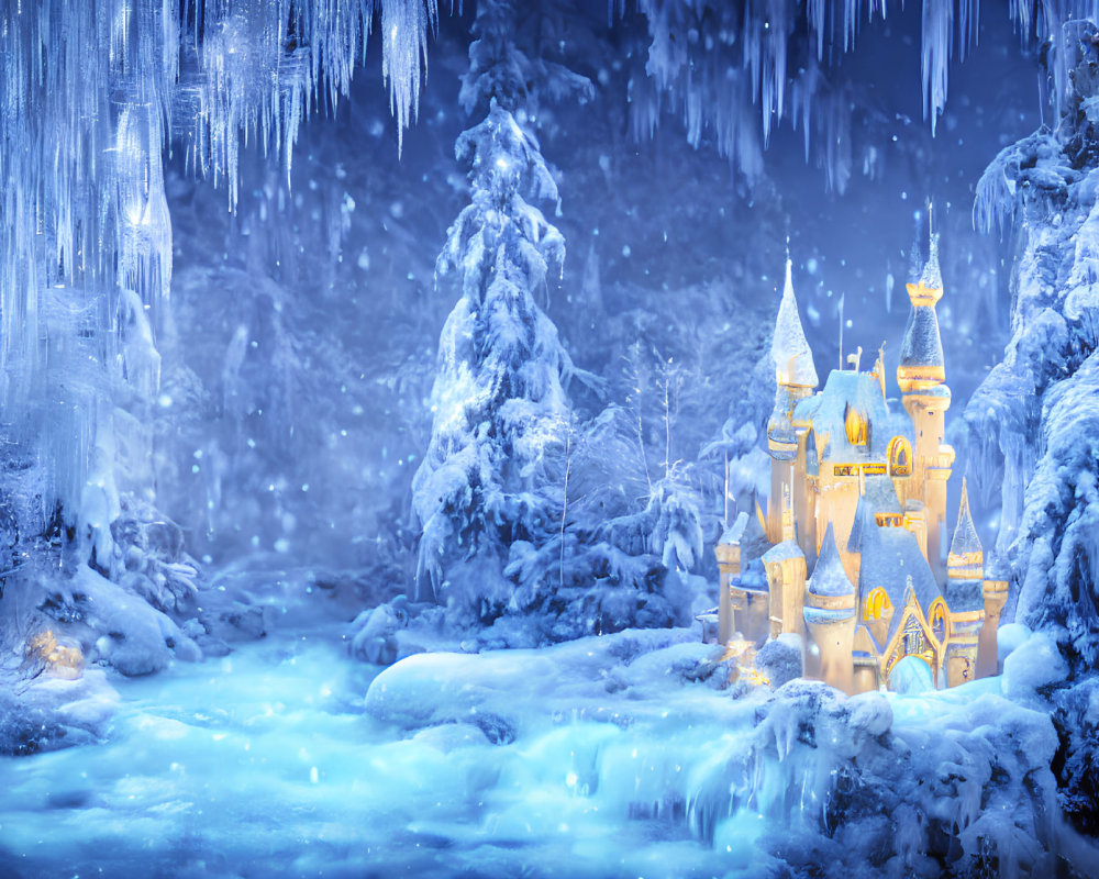 Snowy Fairy Tale Castle in Twilight Landscape