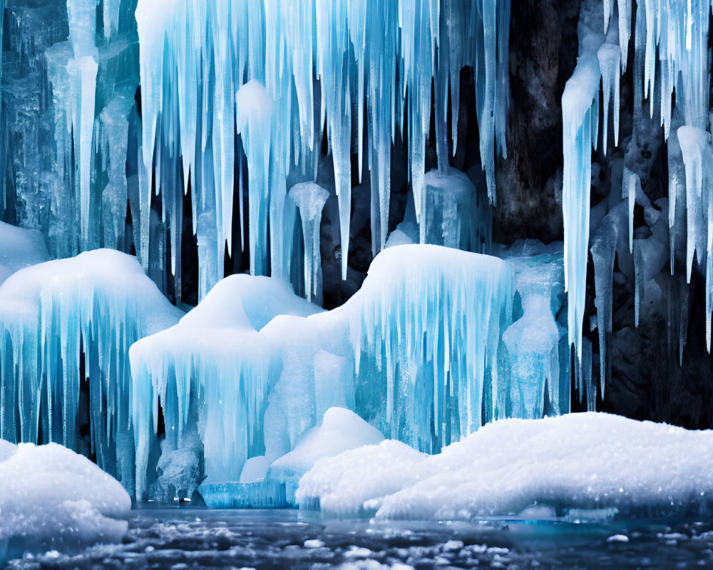 Icy Cave with Sharp Icicles and Snow-Covered Formations