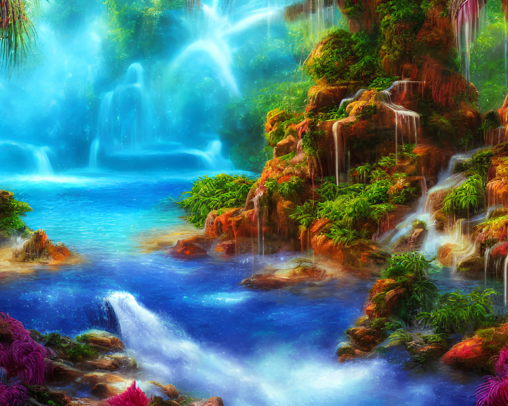 Colorful landscape with multiple waterfalls and turquoise pool surrounded by lush flora