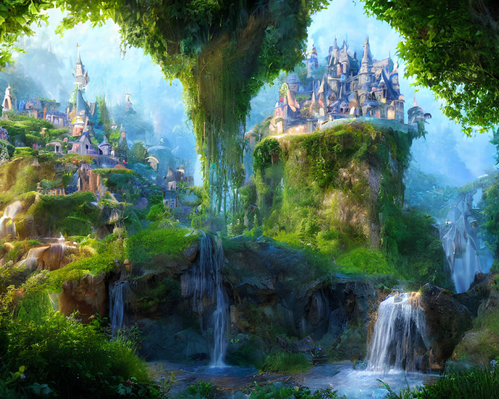 Fantastical landscape with waterfall, greenery, and castle on cliff