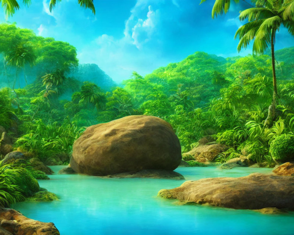 Serene blue river in lush tropical forest with dense foliage