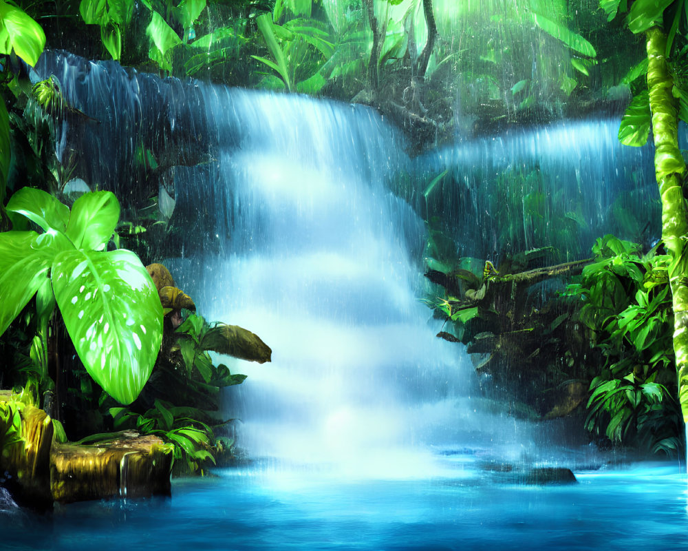 Tranquil Tropical Waterfall Surrounded by Lush Green Foliage