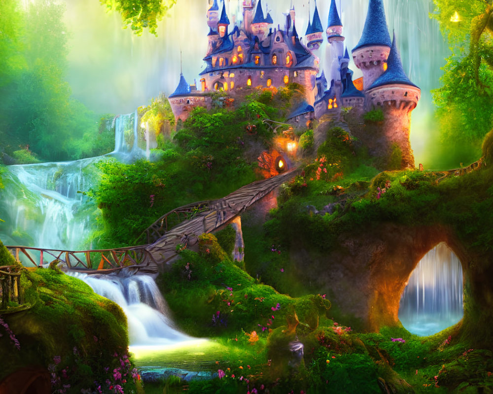 Majestic castle in lush forest with waterfalls and river