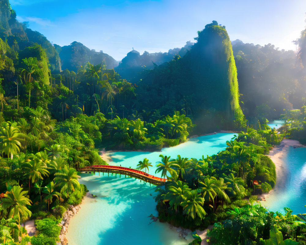 Tropical landscape with river, red bridge, and misty mountains