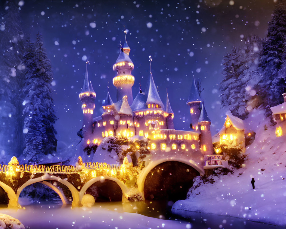 Snowy Night Scene: Illuminated Castle, River Bridge, and Lone Figure