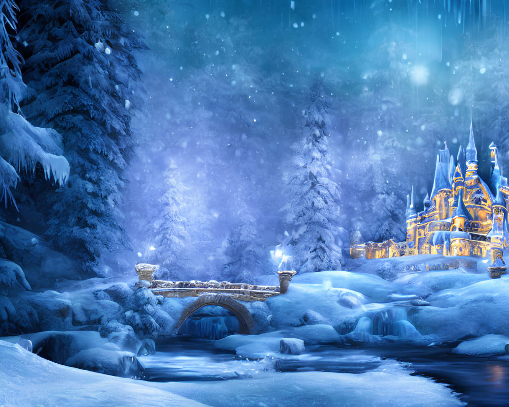 Snowy Night Fantasy Castle with Illuminated Bridge & Icy Trees