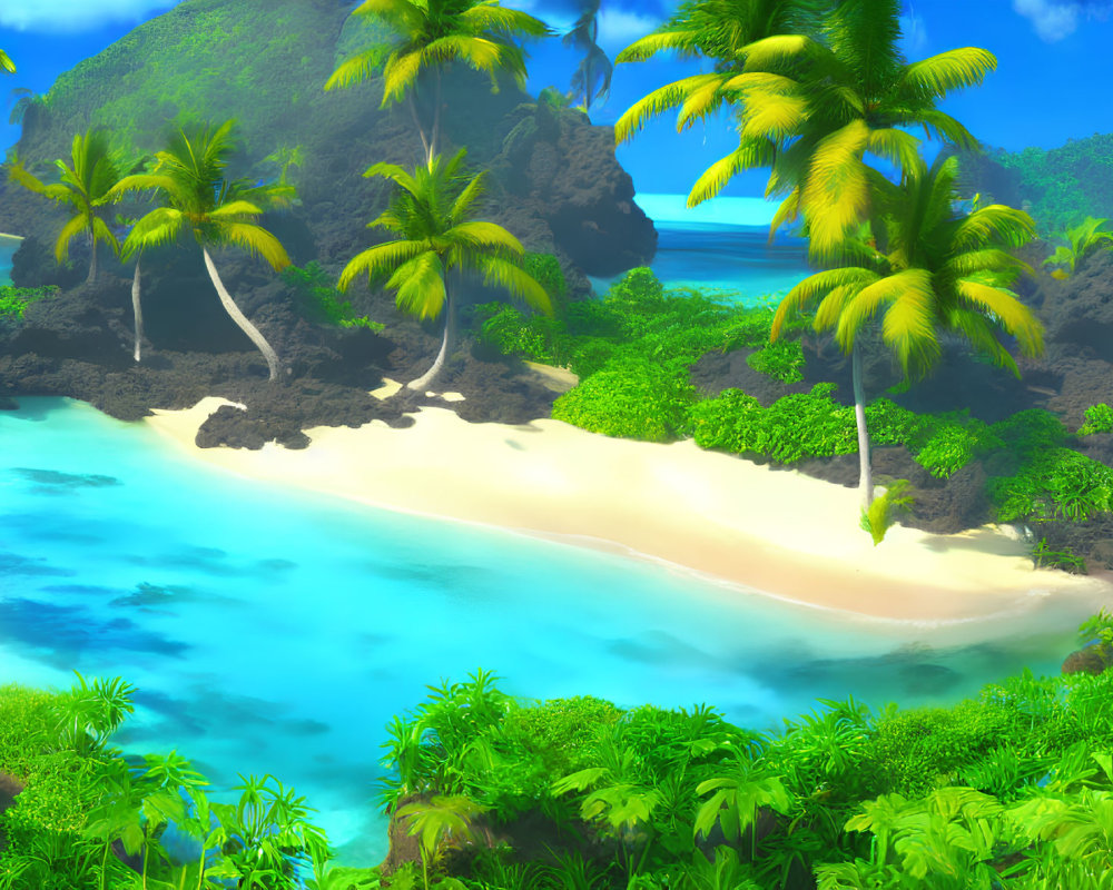 Tropical Beach Scene with Palm Trees, Blue Water, White Sand, and Rocks