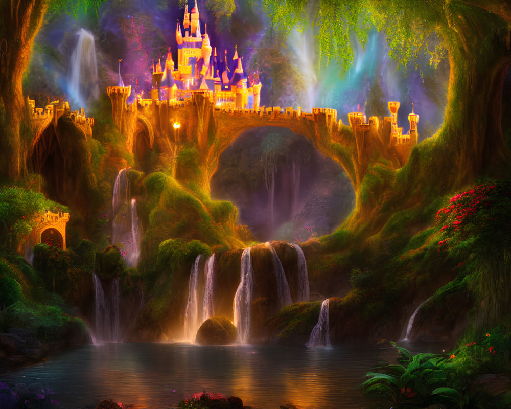 Majestic castle on waterfall in vibrant fantasy landscape