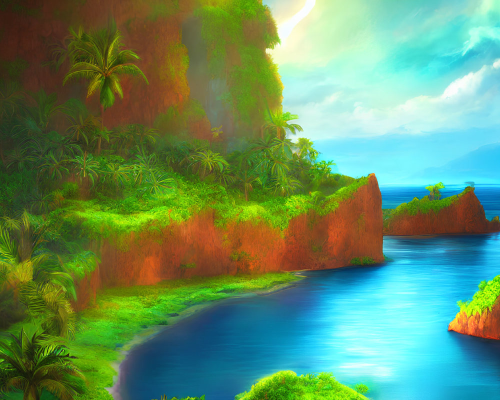 Tropical landscape with lush greenery, blue lagoon, cliffs, and sunset glow