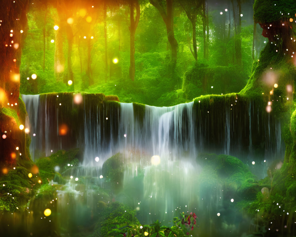 Serene Waterfall in Enchanted Green Forest