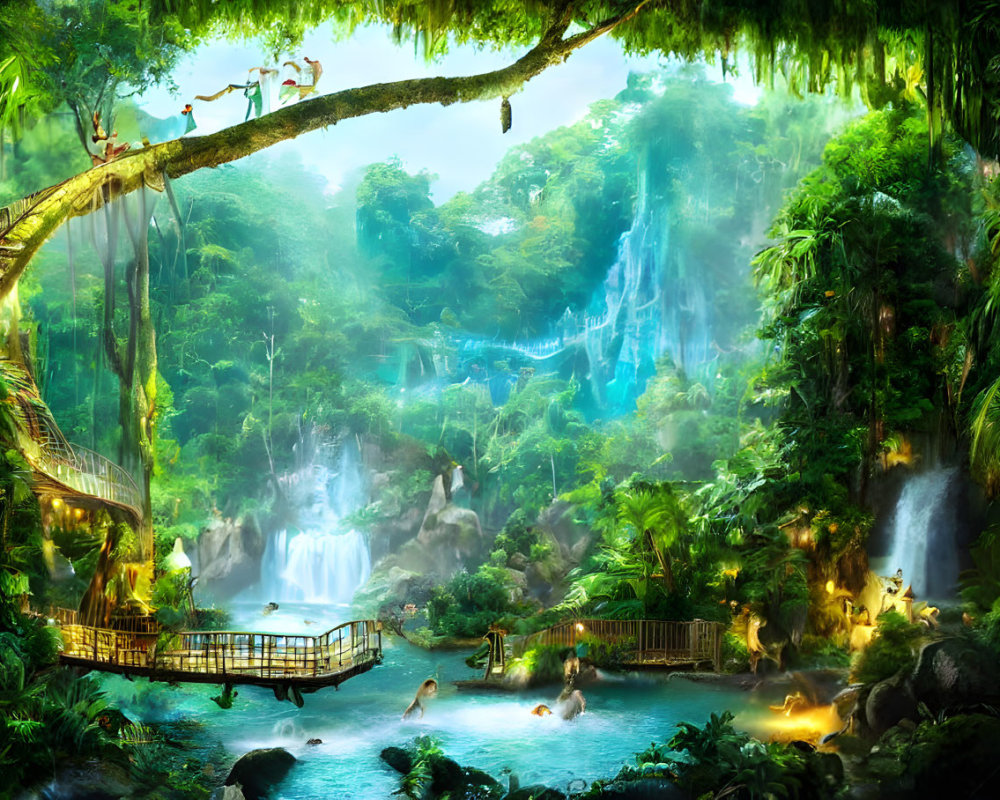 Tropical jungle with waterfalls, hanging bridges, and lush green foliage