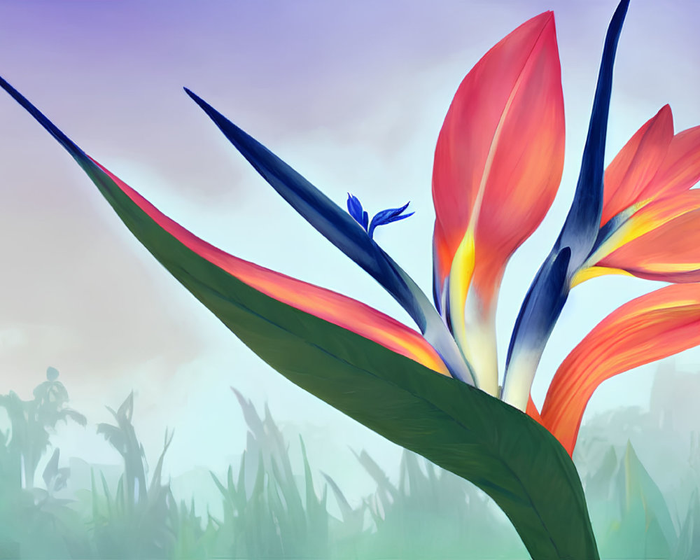 Colorful Bird of Paradise Flower Illustration with Tiny Blue Figure in Tropical Setting