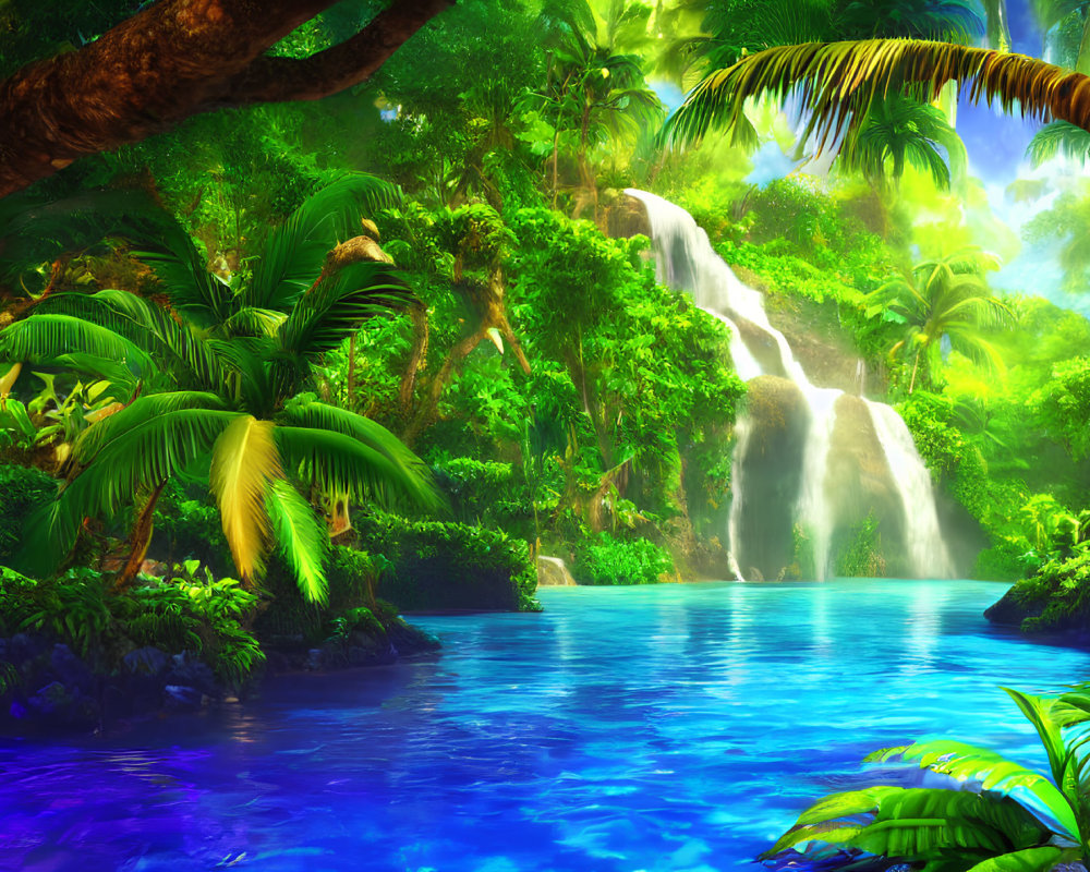 Tropical paradise with palm trees, waterfall, and blue river