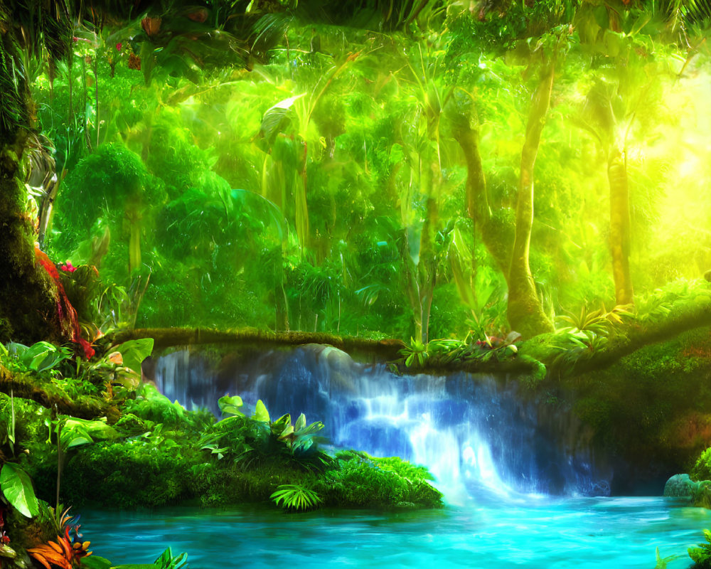 Tropical jungle scene with vibrant vegetation and sunlit waterfall