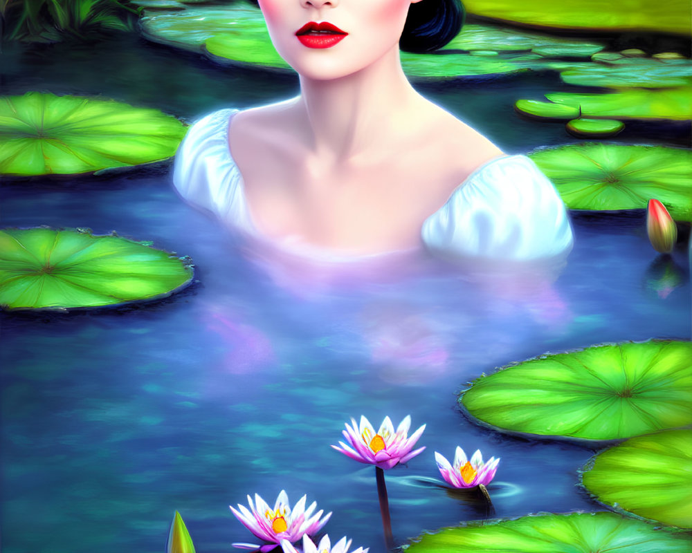 Dark-haired woman in blue pond with water lilies and green lily pads