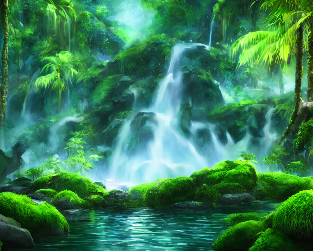 Verdant jungle scene with cascading waterfall and mossy rocks