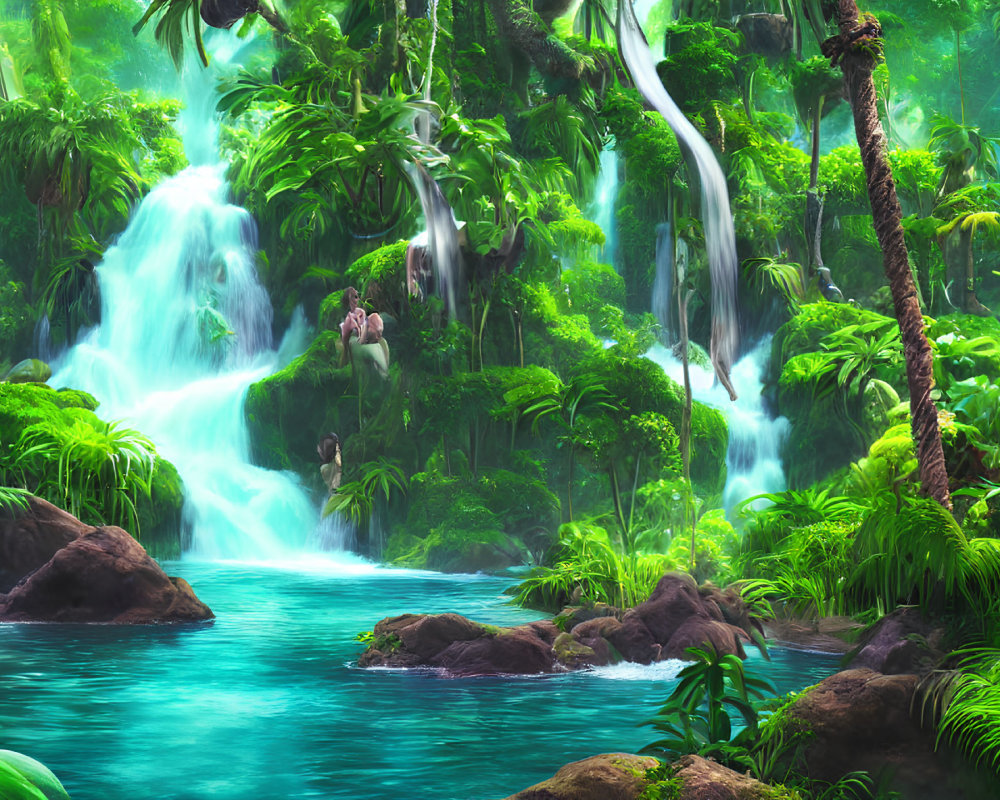 Lush Jungle Scene with Cascading Waterfalls