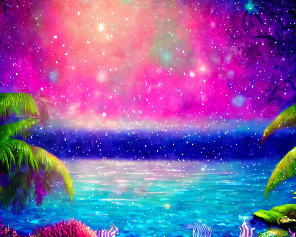 Colorful Tropical Night Scene with Nebula Sky Above Ocean