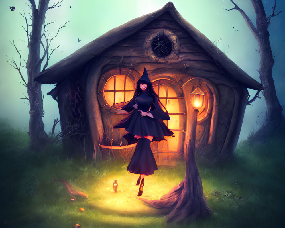 Whimsical witch illustration at dusk with cozy treehouse