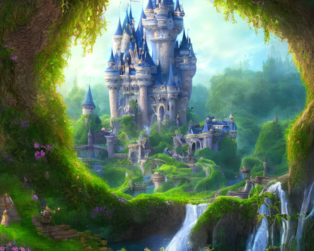 Majestic fairytale castle in lush forest with waterfalls and river