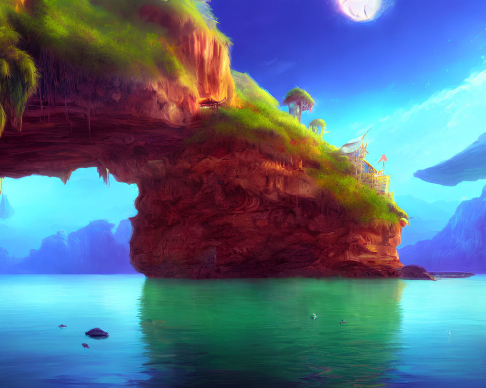 Fantastical landscape with lush cliff, turquoise sea, small structure, and large moon