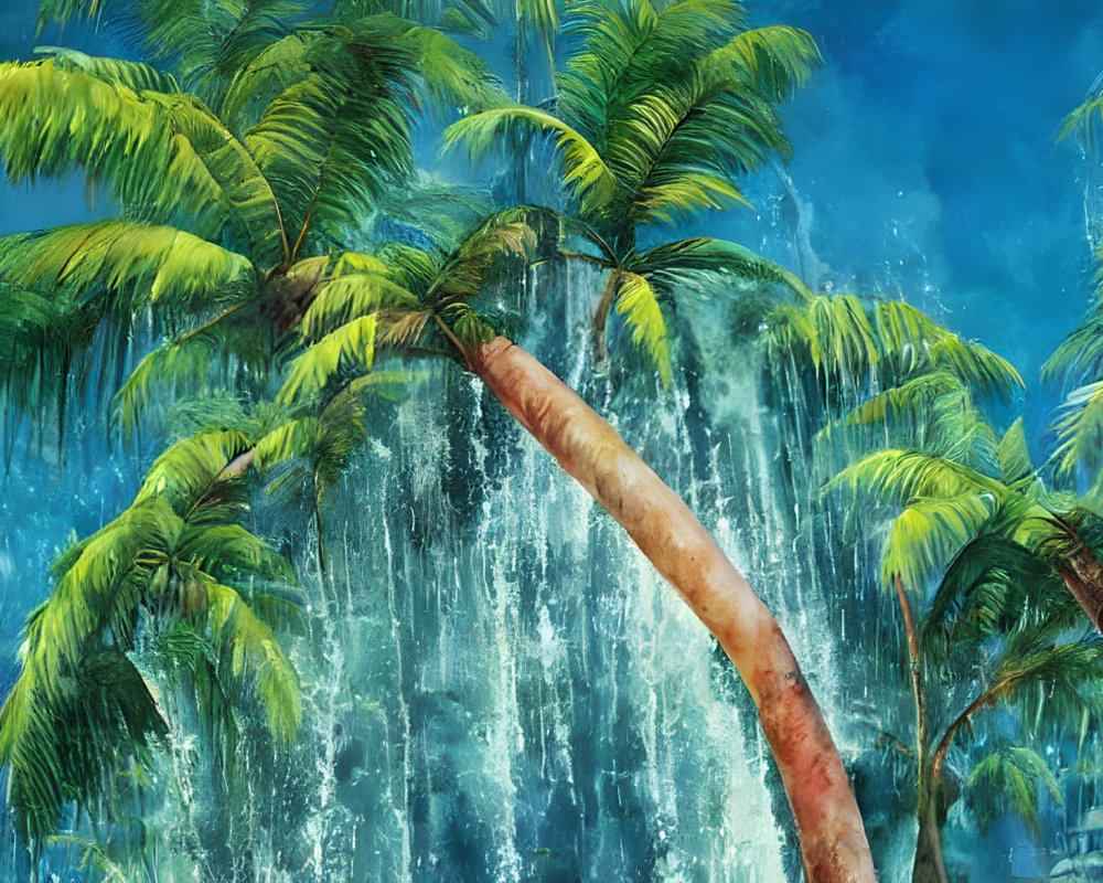 Tropical waterfall scene with tall palm trees and lush greenery