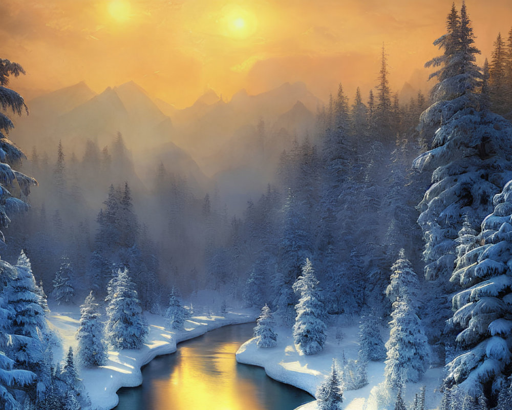 Snow-covered trees and river in serene winter landscape