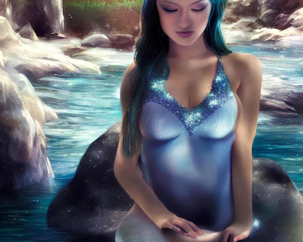 Blue-haired mermaid on rock by serene river with boulders and greenery