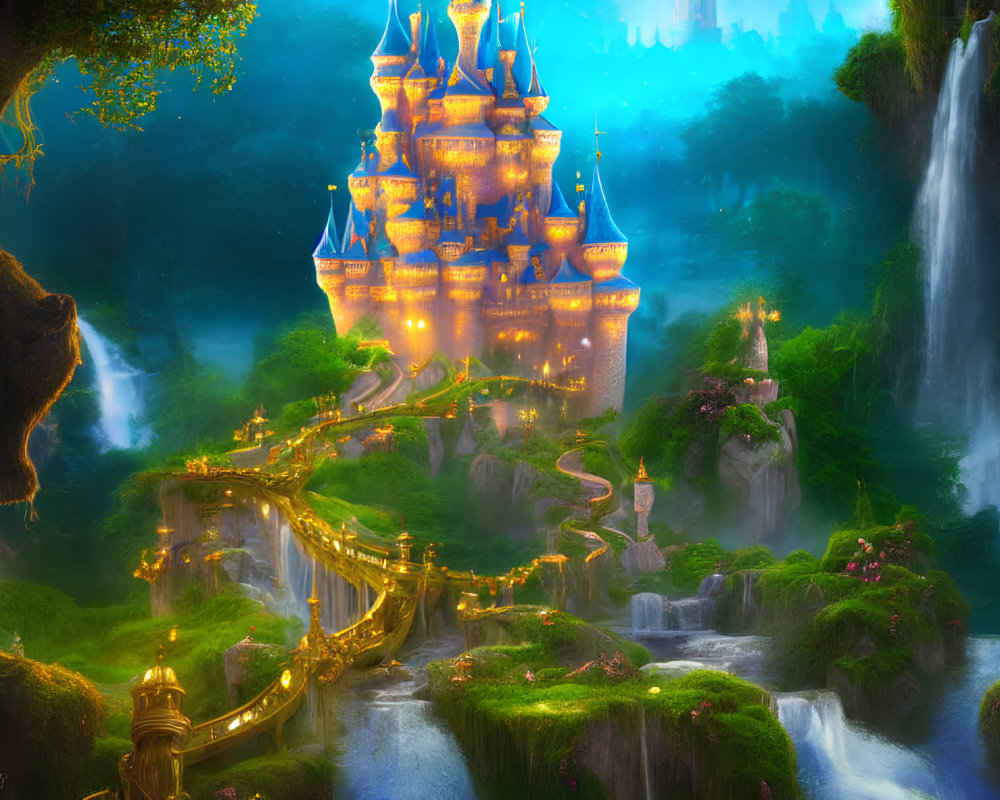 Luminescent castle on waterfalls with golden bridge in enchanted forest