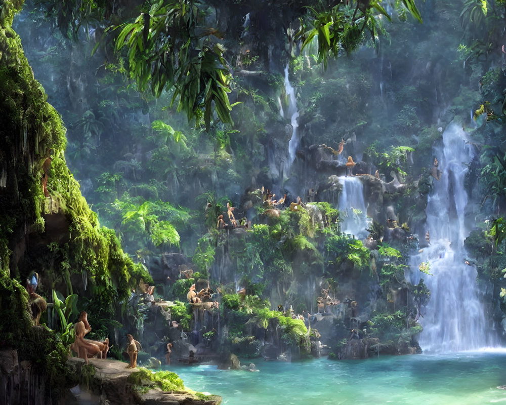 Tranquil Jungle Scene with Waterfalls and Wildlife