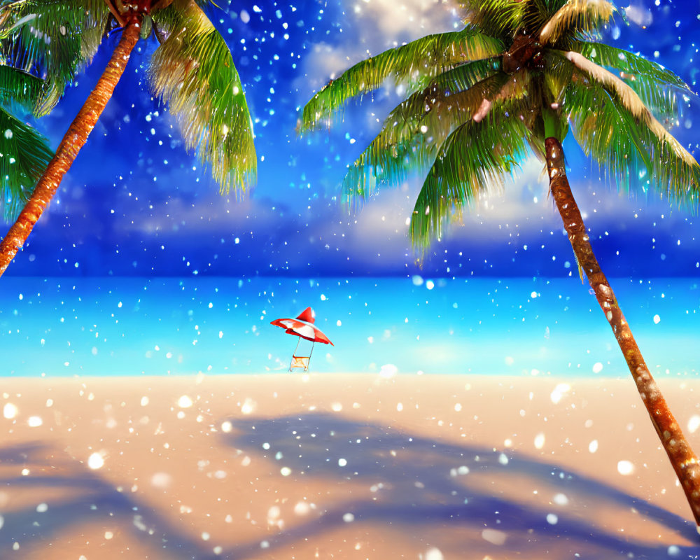 Tropical beach scene with palm trees, sun lounger, starry sky, and snowflakes