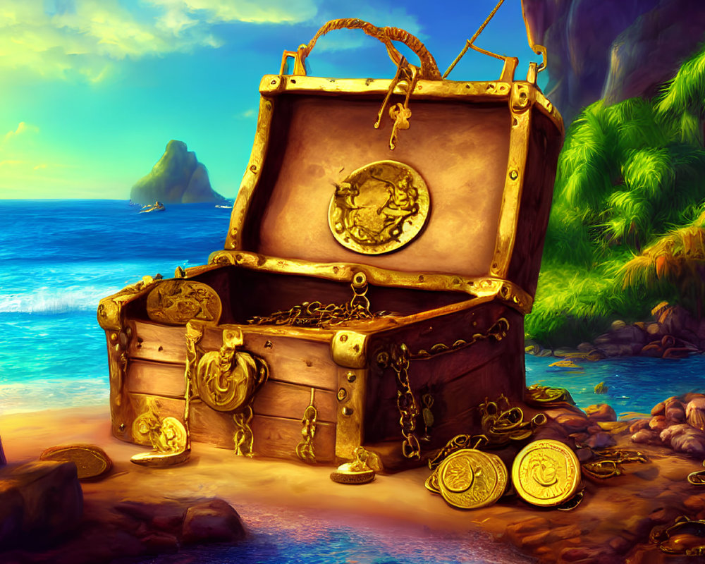 Treasure chest filled with gold coins on sandy beach with sea view