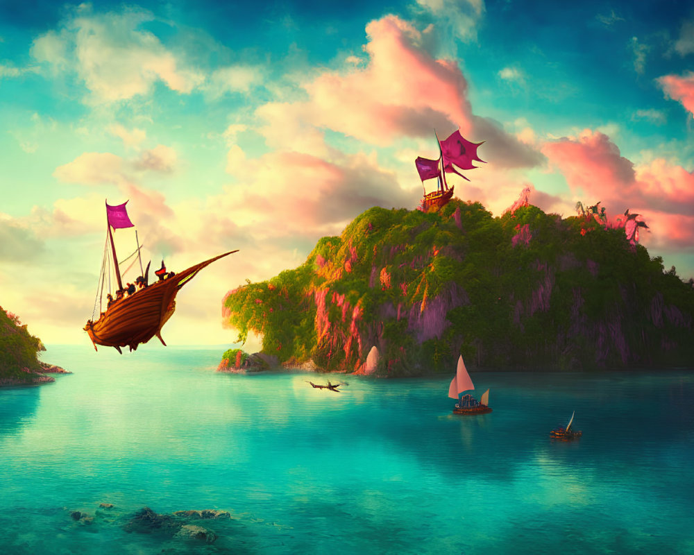 Colorful fantasy seascape with grand ship, purple sails, small boats, lush islands, and dramatic