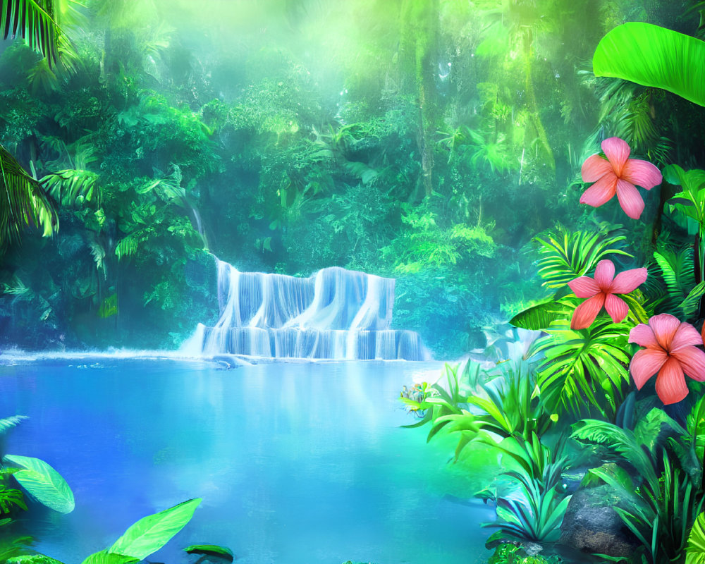 Tropical waterfall with green foliage and pink flowers