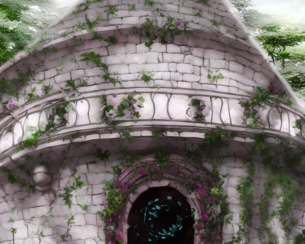 Stone tower with arched door and green vines, surrounded by ethereal trees under soft light