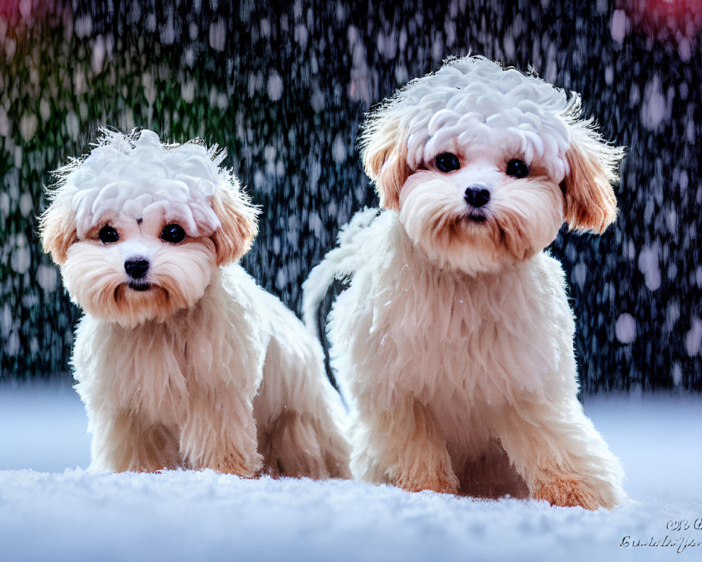 Fluffy white dogs sitting in snow with falling snowflakes