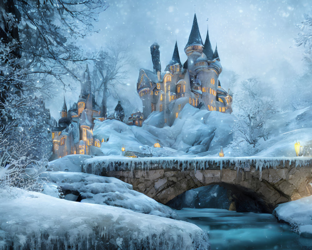 Snow-covered castle with spires, frosty trees, stone bridge, and river.