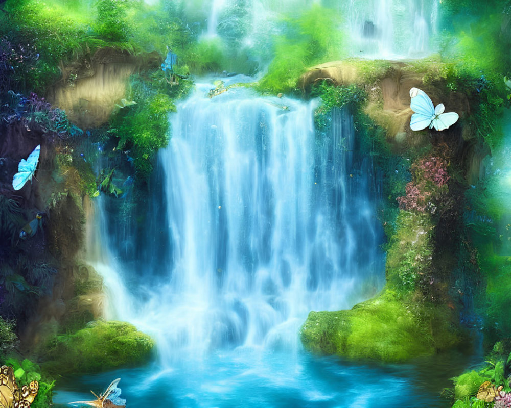 Colorful waterfall scene with lush greenery and fluttering butterflies