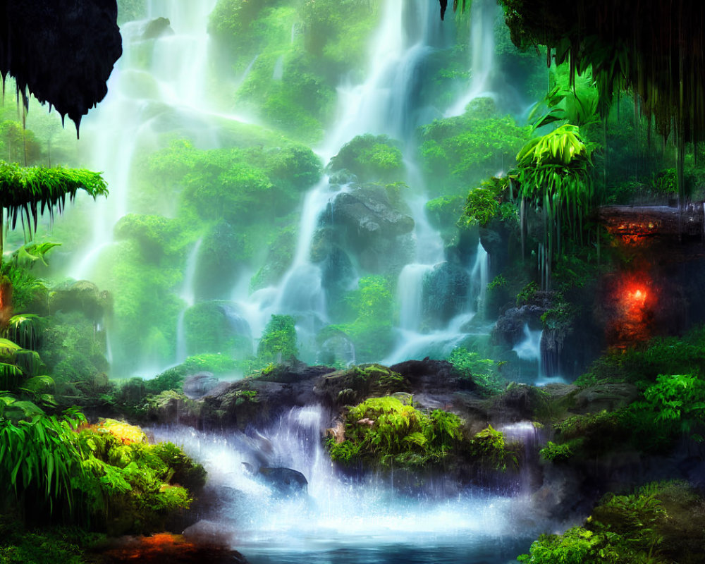 Mystical forest scene with cascading waterfall and lush greenery