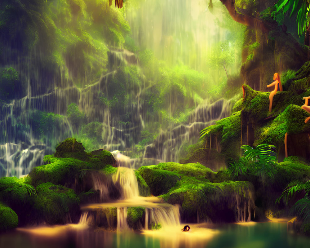 Tranquil jungle waterfall with lush greenery and two people in sunlight