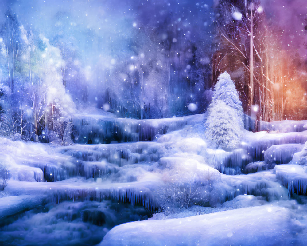 Snow-covered trees, frozen waterfall, colorful sky: Magical winter landscape