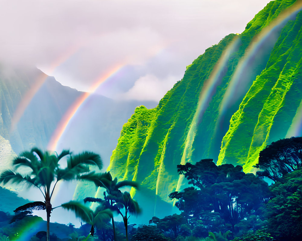 Scenic double rainbow over lush green mountains