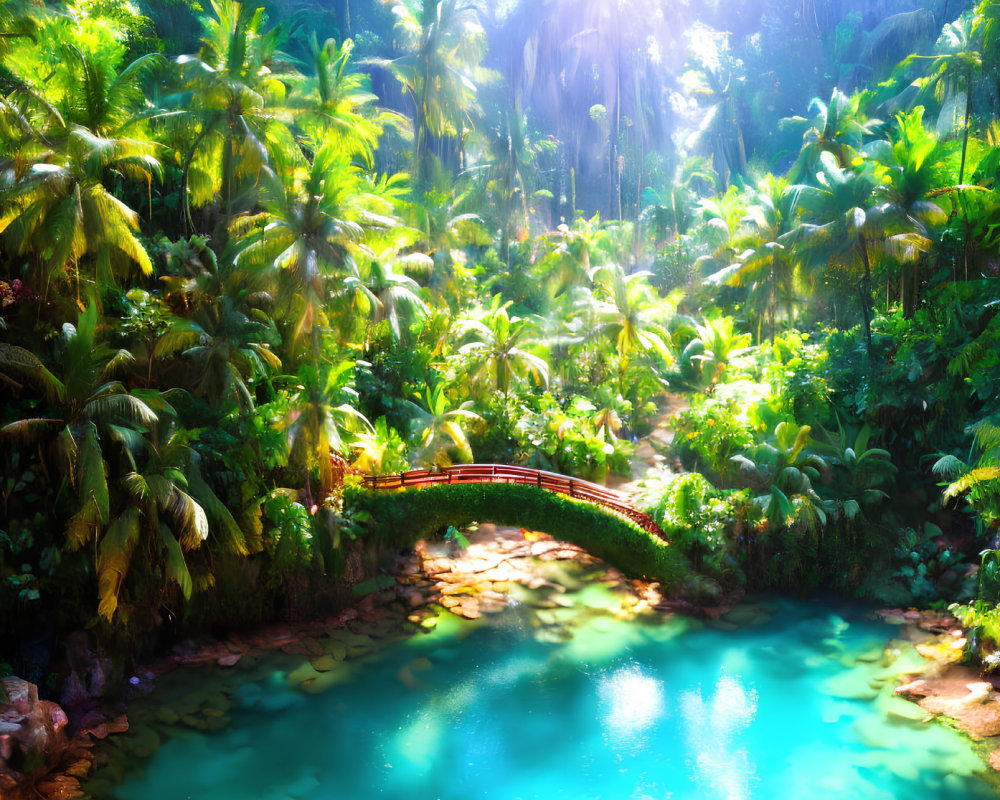 Tranquil Tropical Jungle with Greenery, Pond, and Red Bridge