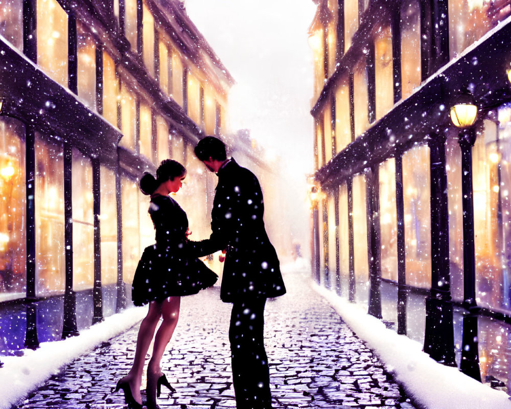 Romantic couple dancing on snowy cobblestone street at twilight