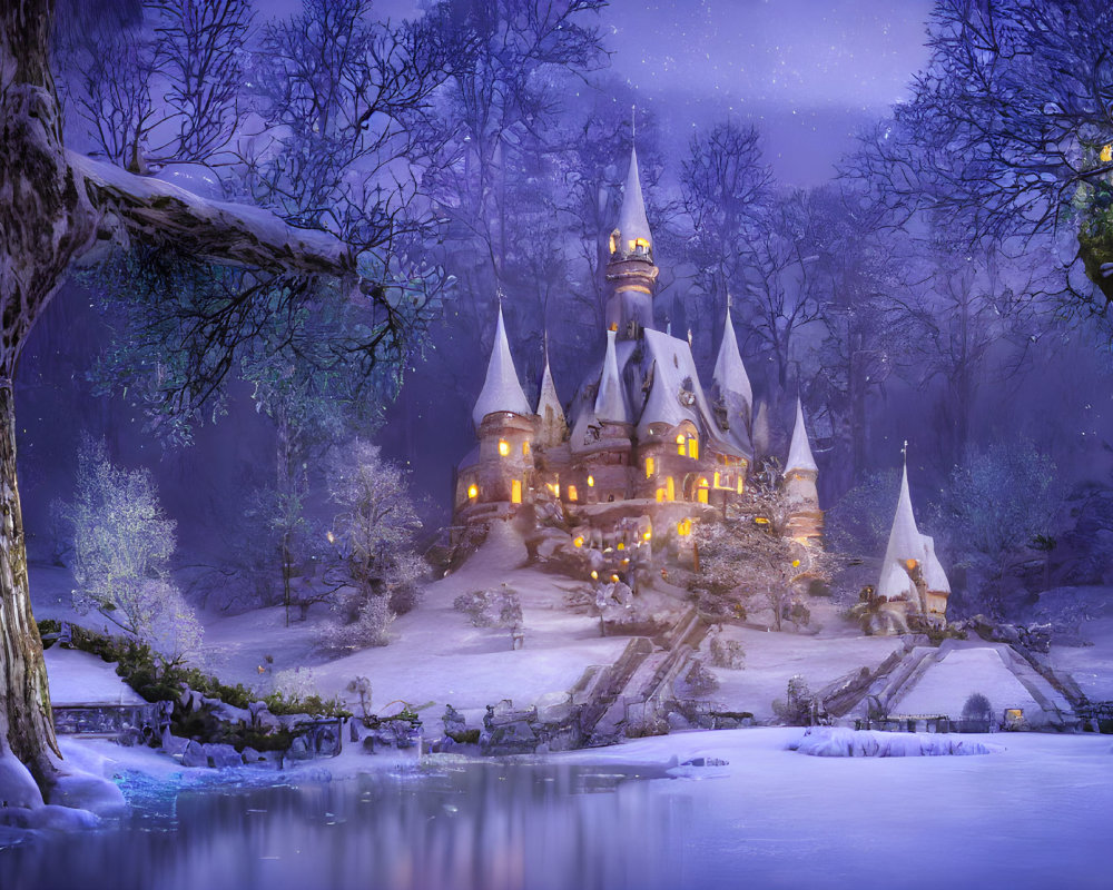 Snow-covered castle in winter forest at dusk with glowing windows