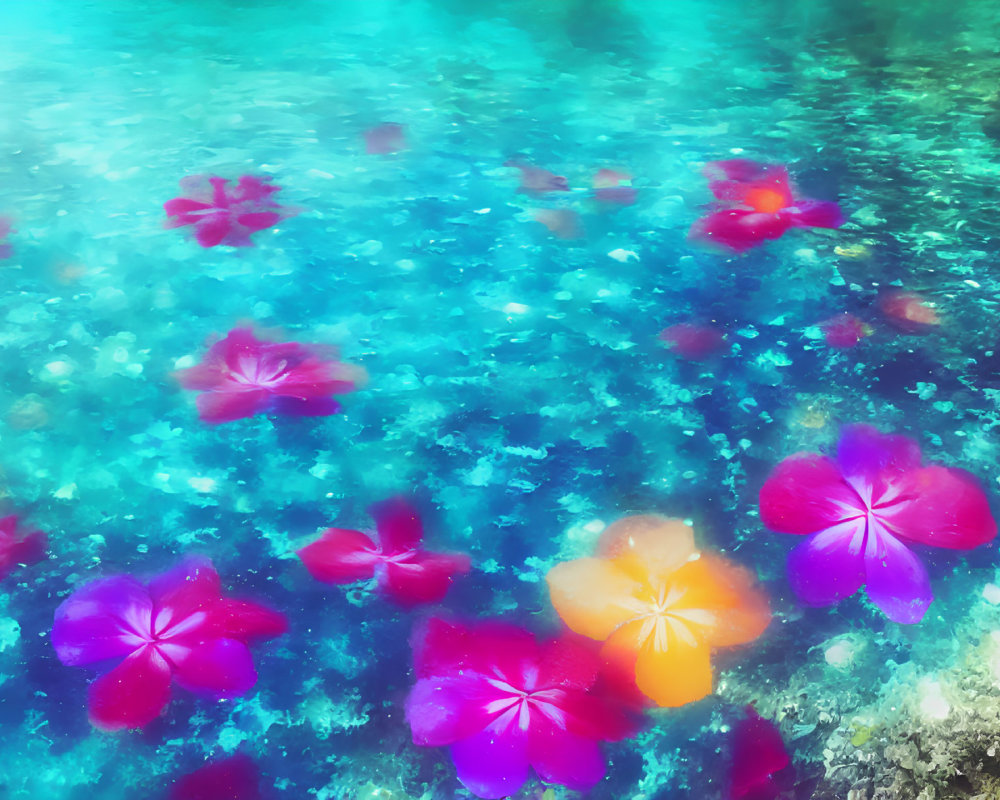 Vibrant Flower Petals Floating on Serene Water Surface