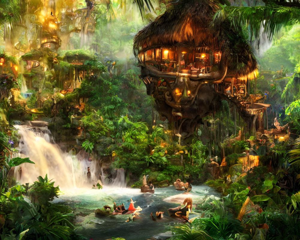 Lush Jungle Scene with Thatched Hut, Waterfalls, and River Relaxation