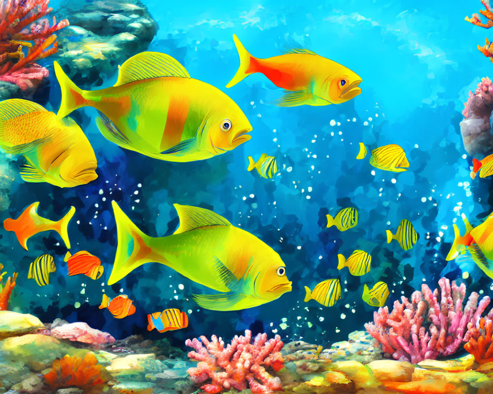 Vibrant coral reefs with colorful tropical fish in clear blue waters