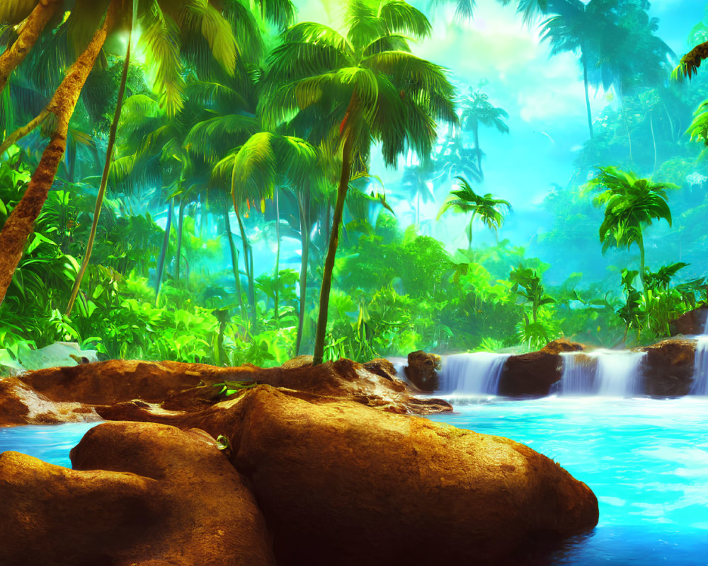 Tropical jungle scene with waterfall and blue pool