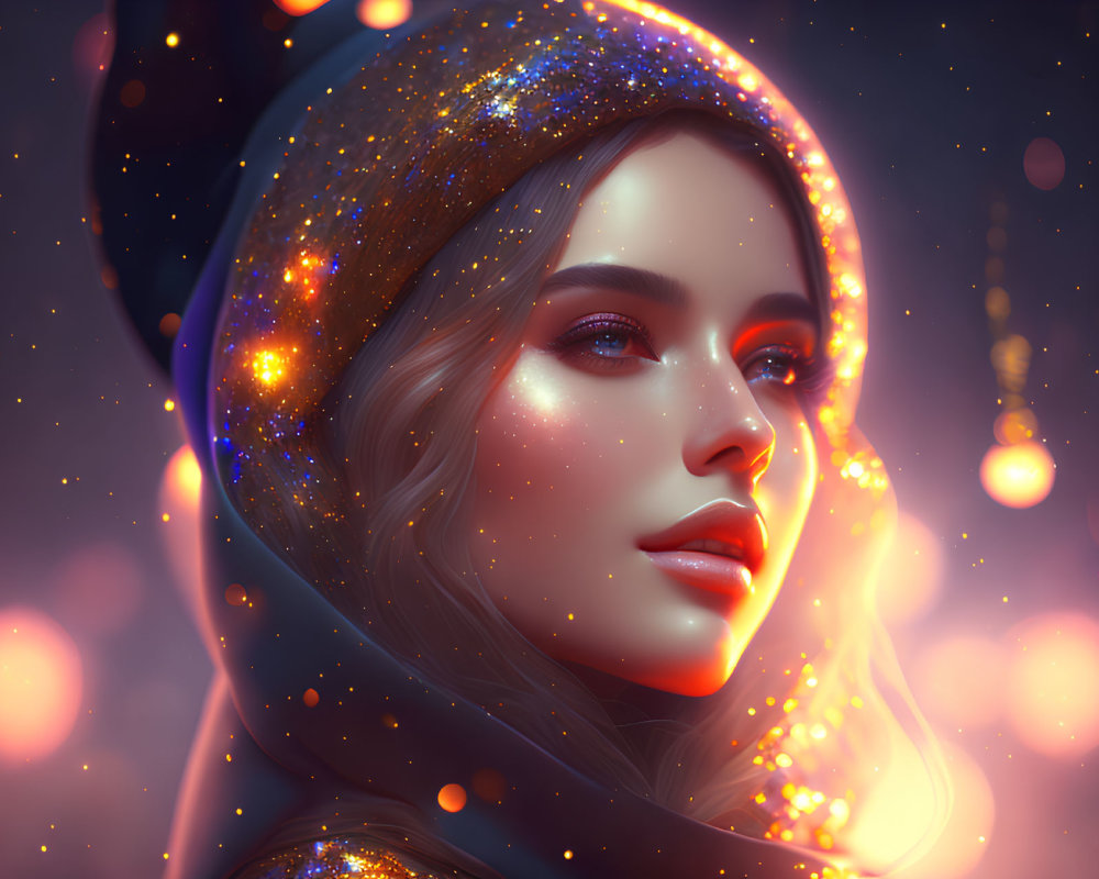 Cosmic-themed digital artwork of a glowing woman in star-filled hood